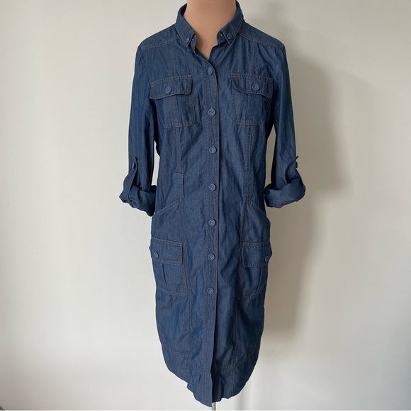 St. John Blue Chambray Cotton Button Down Long Sleeve Roll Tab Dress Size 4 - Picture 5 of 11
